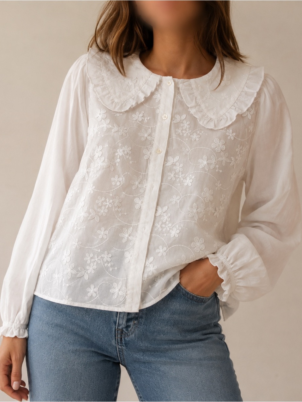 Zara White Floral Embroidered Peter Pan Collar Blouse NWT Large